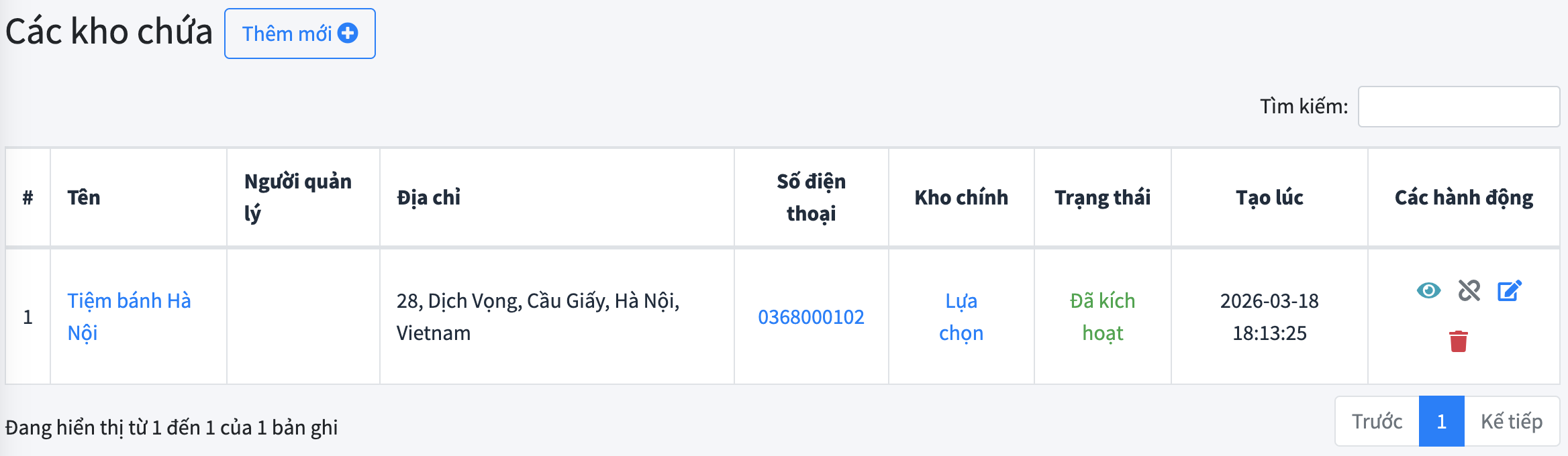 Danh sách kho chứa của cửa hàng
