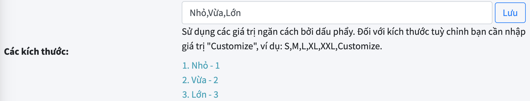 Cài đặt các kích thước sản phẩm