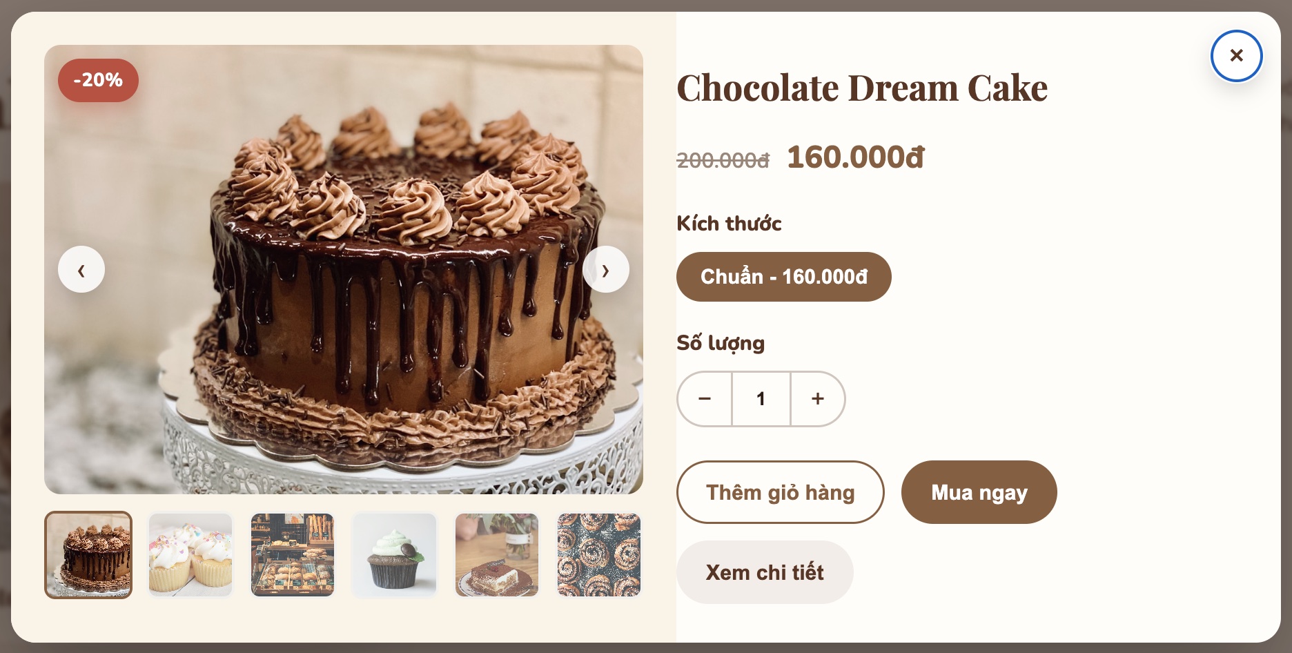 Hộp thoại chi tiết sản phẩm bánh