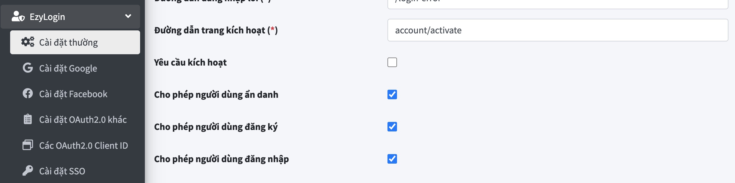 Cấu hình cho phép người dùng ẩn danh trong EzyLogin
