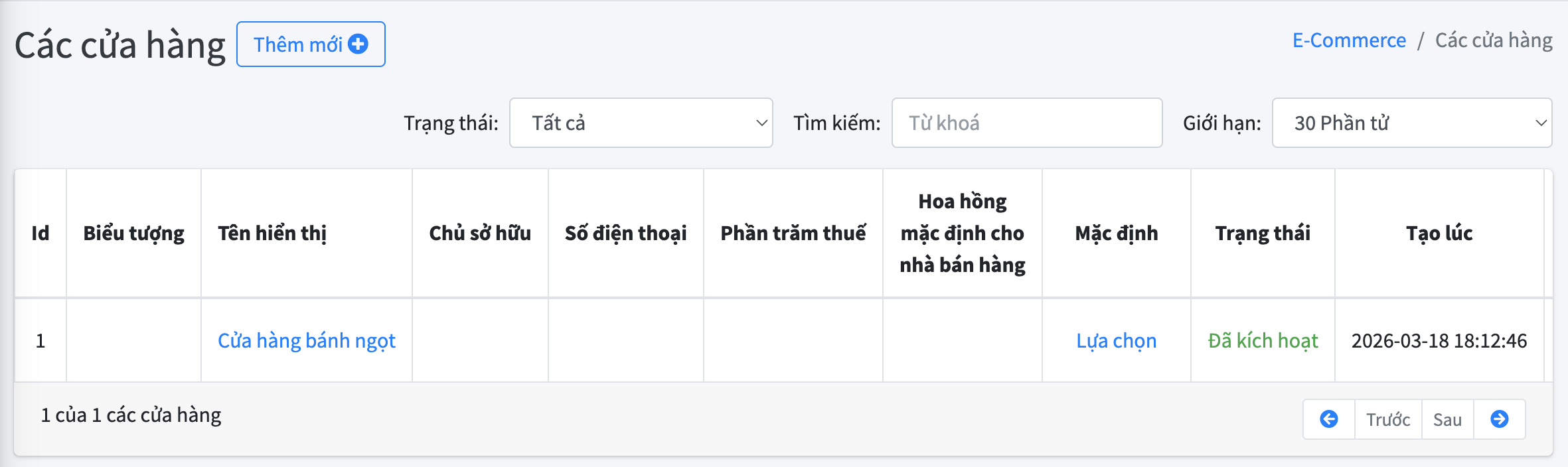 Danh sách cửa hàng sau khi tạo thành công