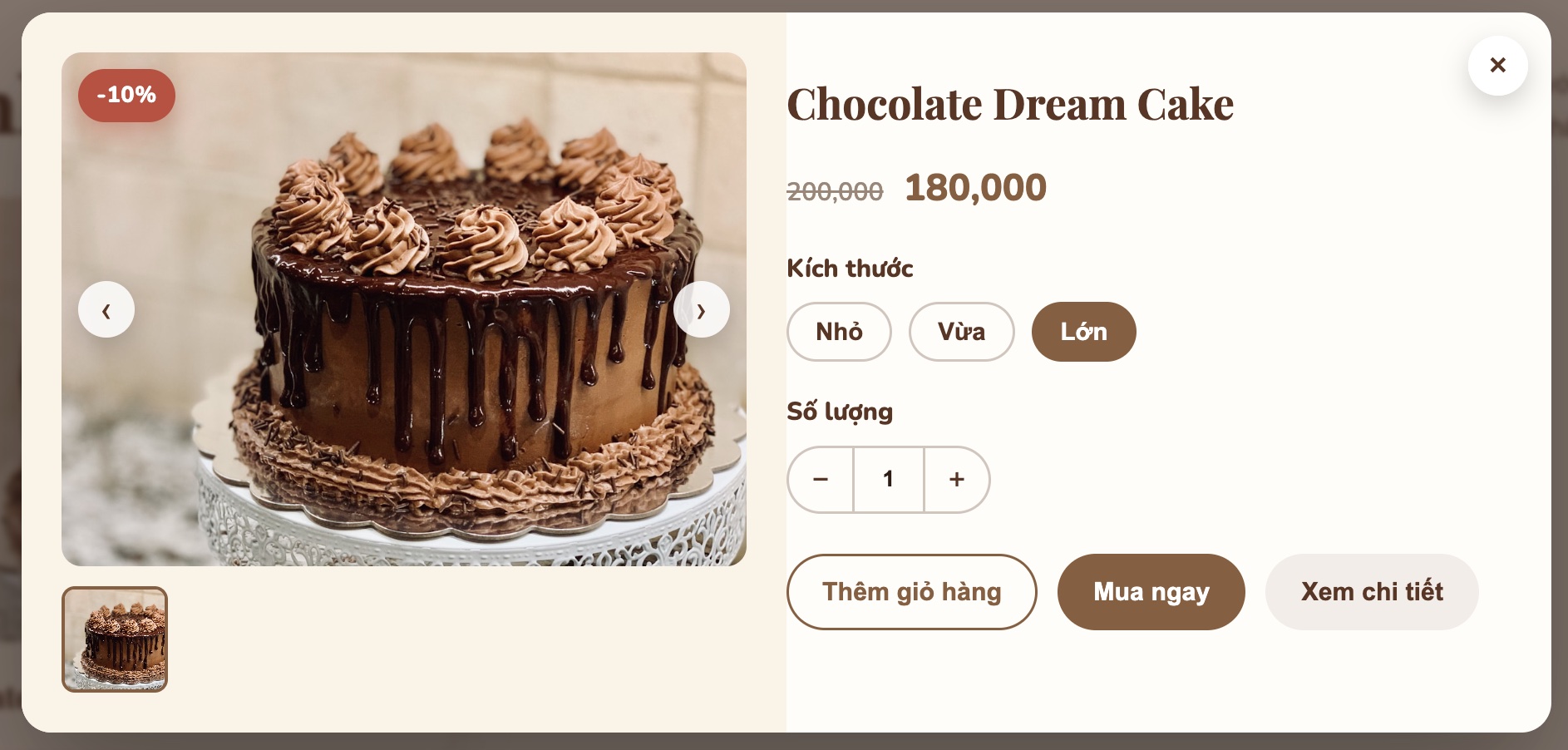 Giá sản phẩm thay đổi khi người dùng chọn kích thước khác