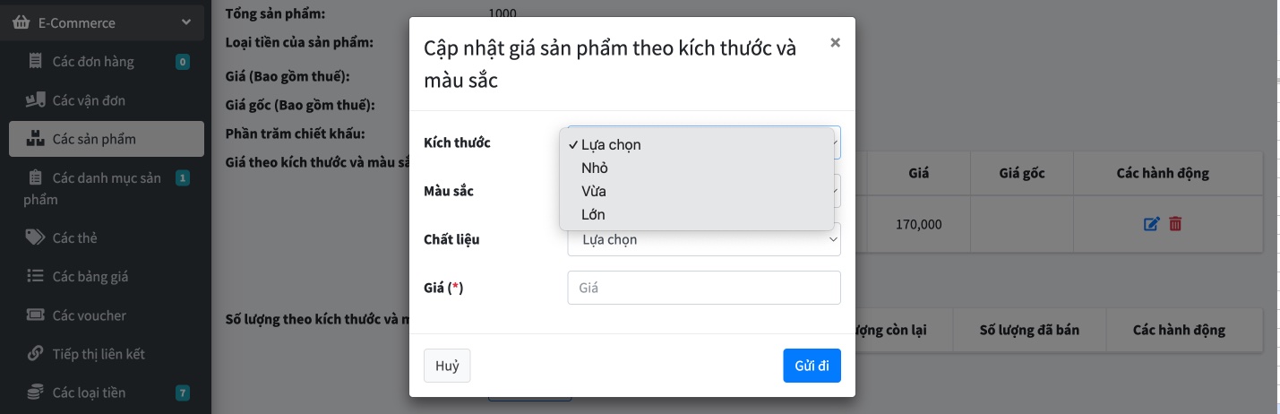 Nhập giá sản phẩm theo từng kích thước