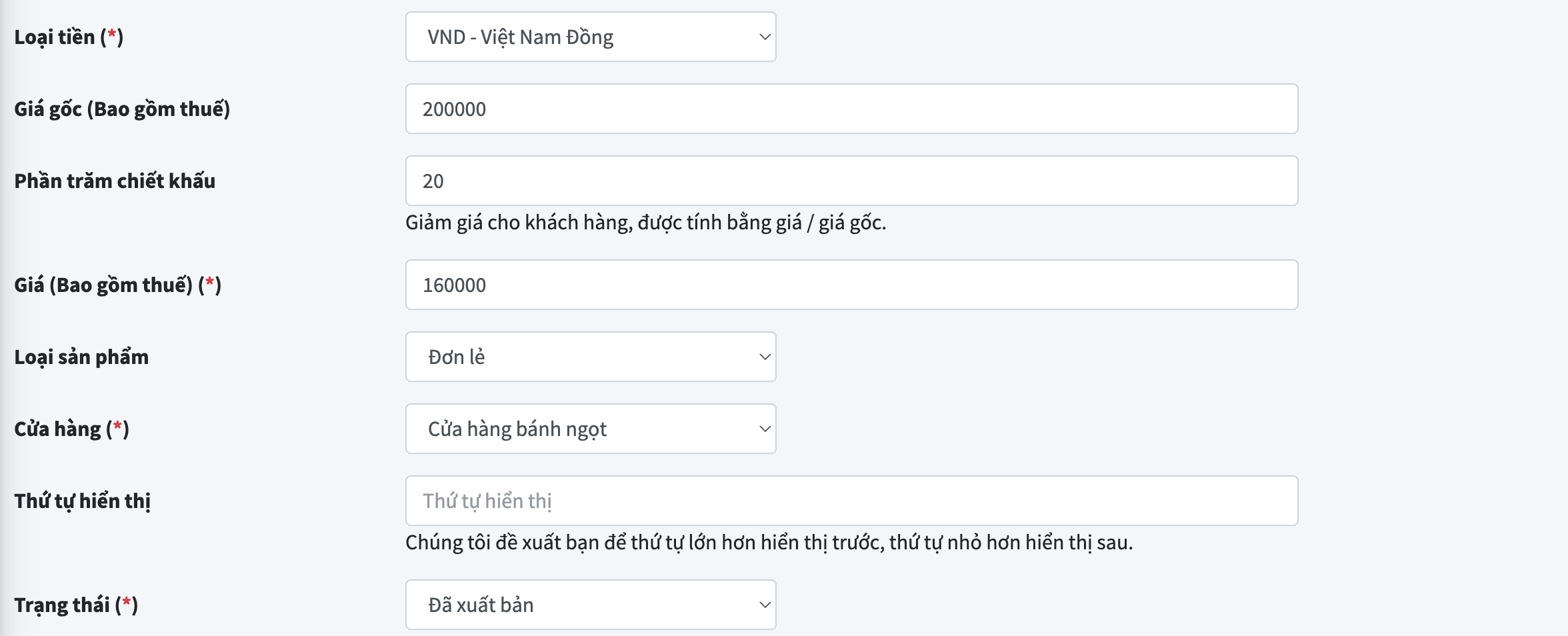Thông tin giá bán sản phẩm