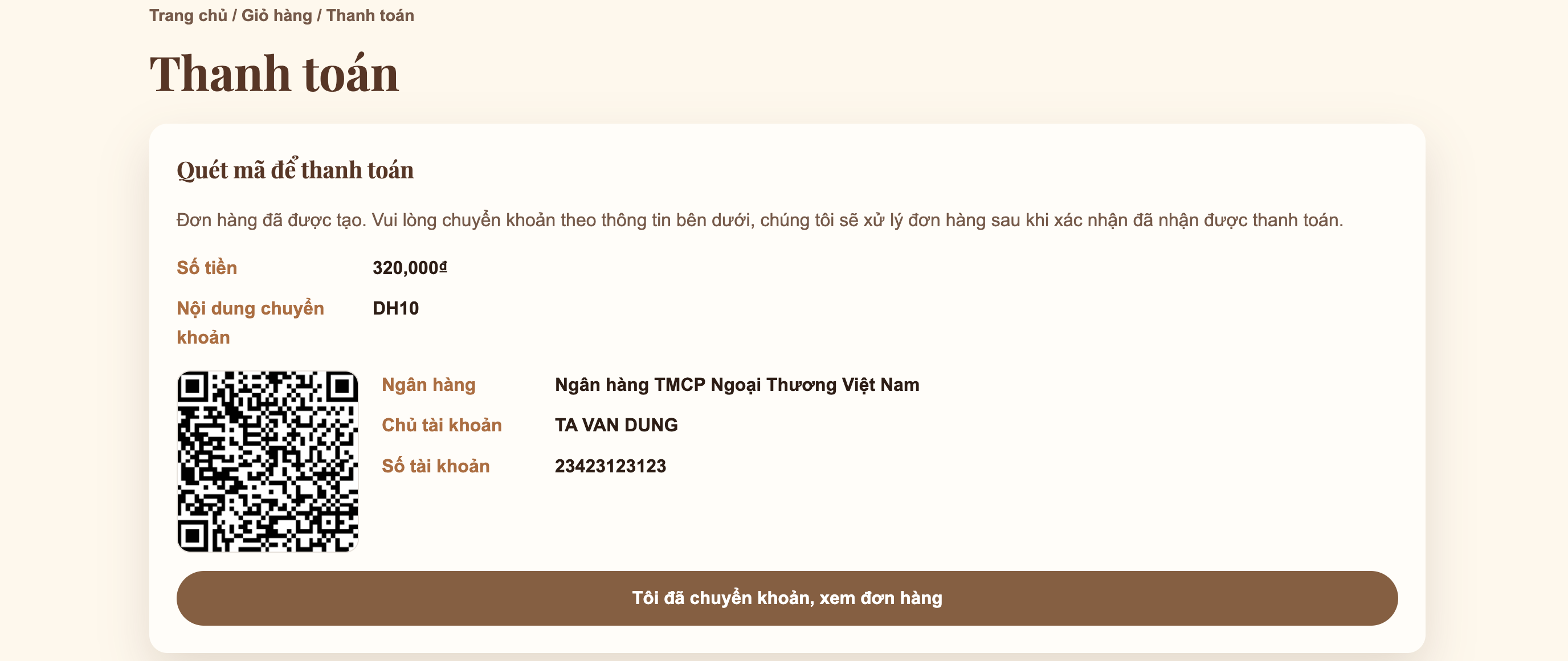 Thanh toán qua chuyển khoản với mã QR