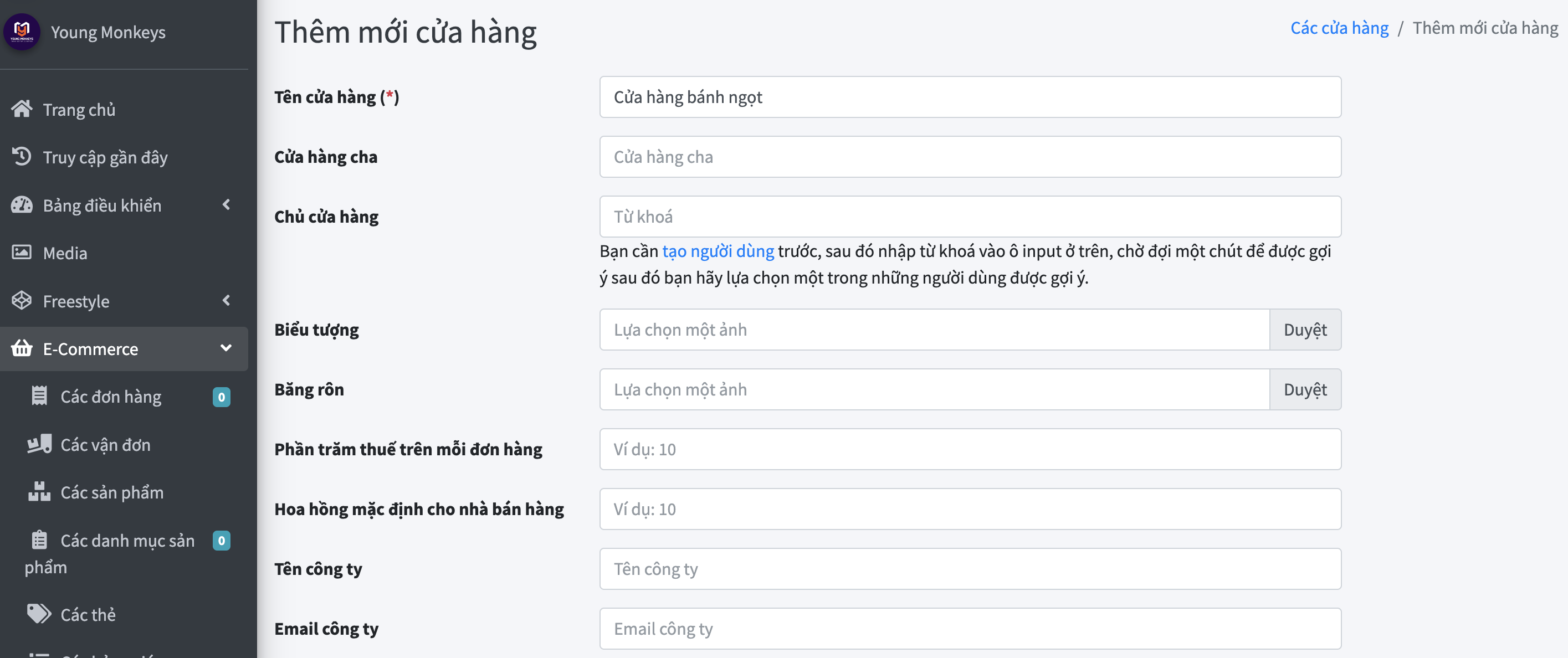 Thêm mới cửa hàng, ví dụ Cửa hàng bánh ngọt