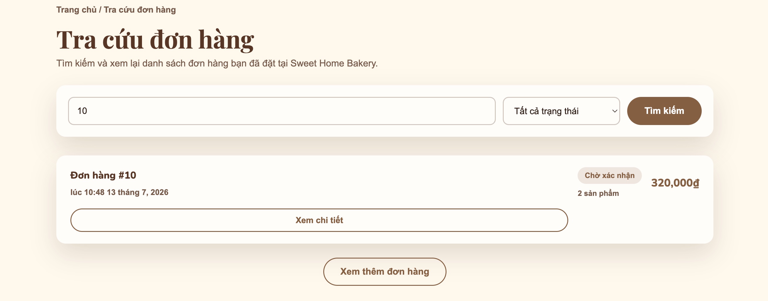 Kết quả tìm kiếm ở màn hình tra cứu đơn hàng