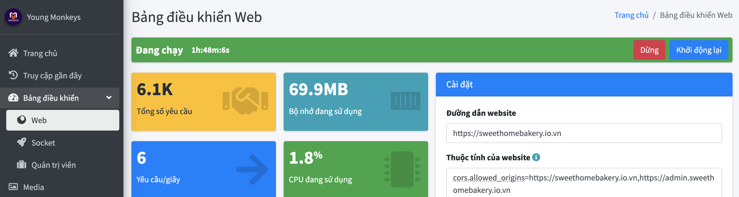 Bảng điều khiển Web với ô Đường dẫn website là https://sweethomebakery.io.vn và thuộc tính cors.allowed_origins khai cả tên miền web lẫn admin