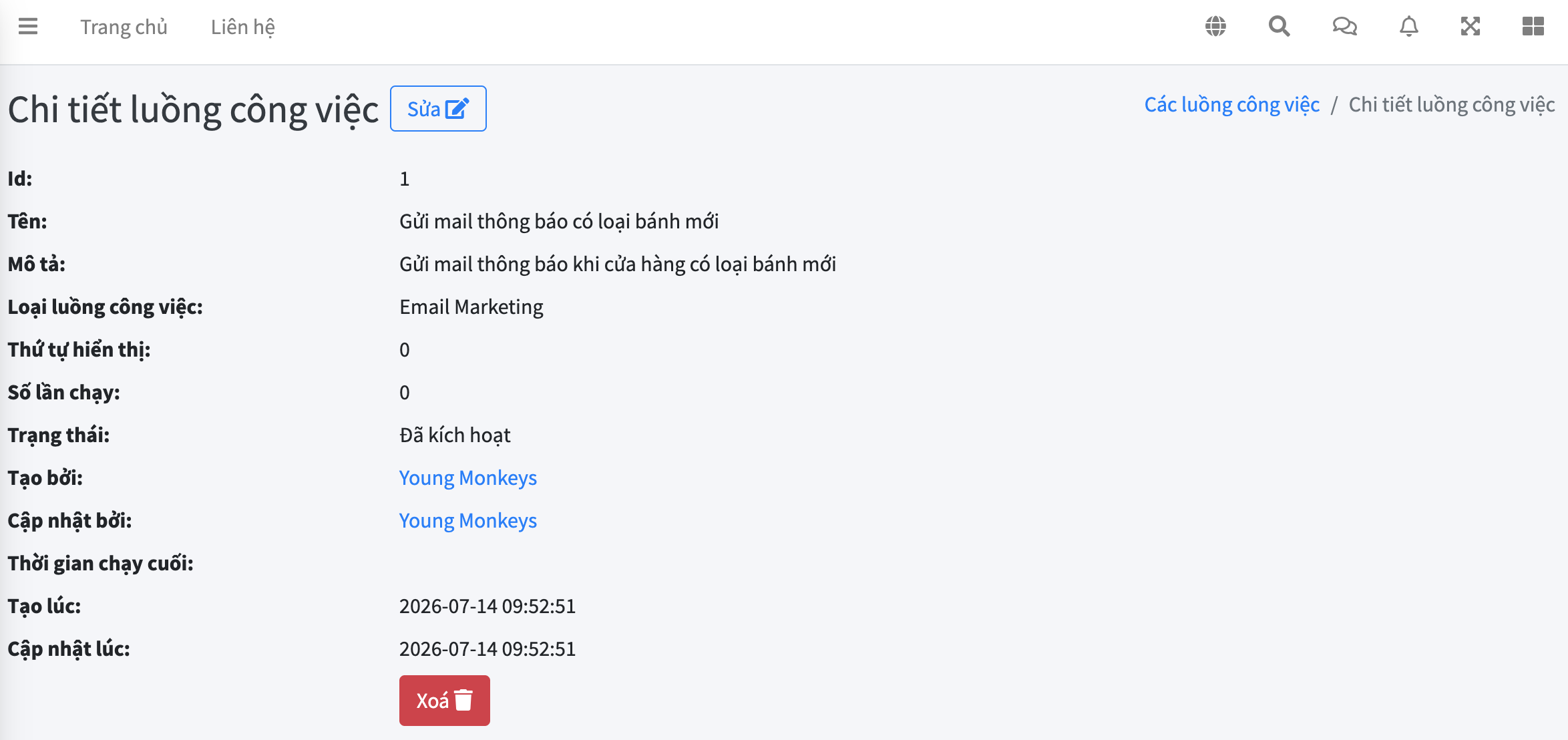 Chi tiết luồng công việc Gửi mail thông báo có loại bánh mới trên EzyMarketing
