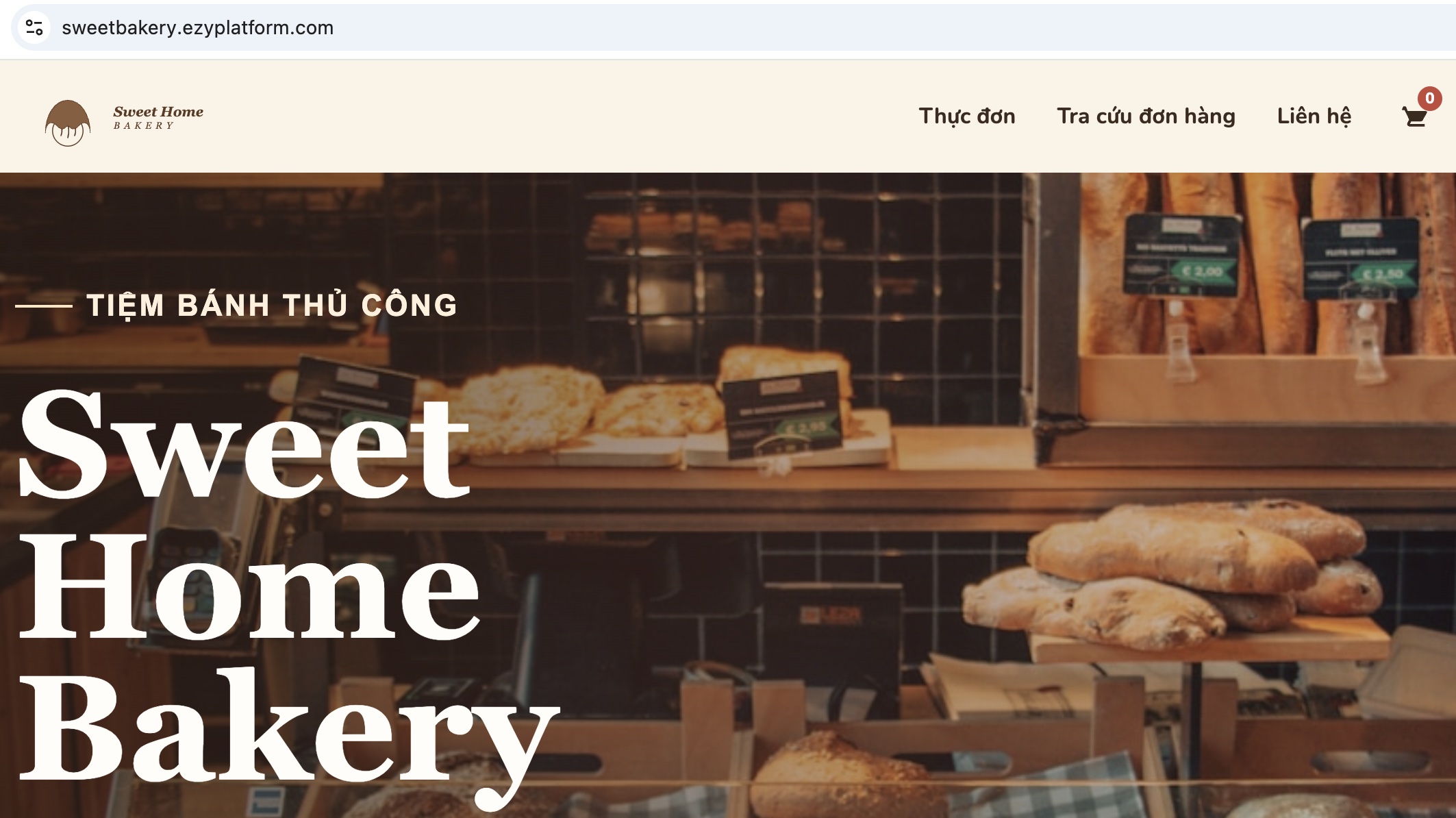 Trang sweetbakery.ezyplatform.com hiển thị đúng giao diện Sweet Home Bakery sau khi cấp SSL thành công