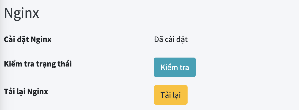 Trang tổng quan Nginx với trạng thái Đã cài đặt, nút Kiểm tra và nút Tải lại