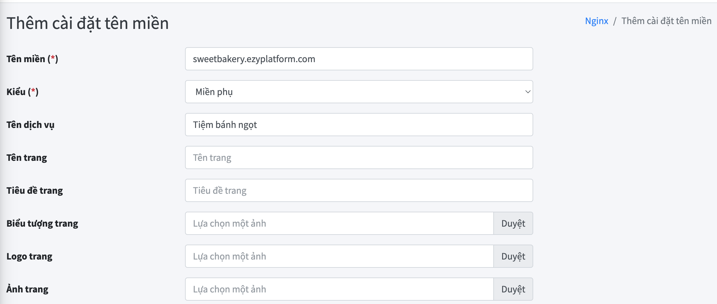 Form Thêm cài đặt tên miền với tên miền sweetbakery.ezyplatform.com, kiểu Miễn phí, tên dịch vụ Tiệm bánh ngọt