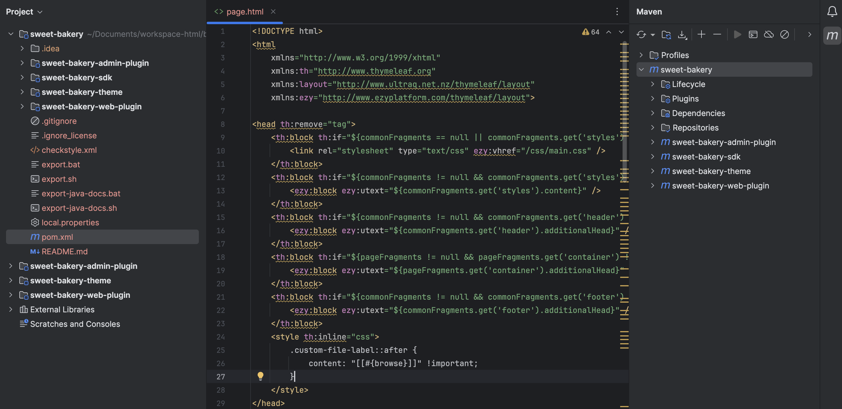 Cấu trúc project sweet-bakery trong IntelliJ IDEA với các module sweet-bakery-admin-plugin, sweet-bakery-sdk, sweet-bakery-theme, sweet-bakery-web-plugin