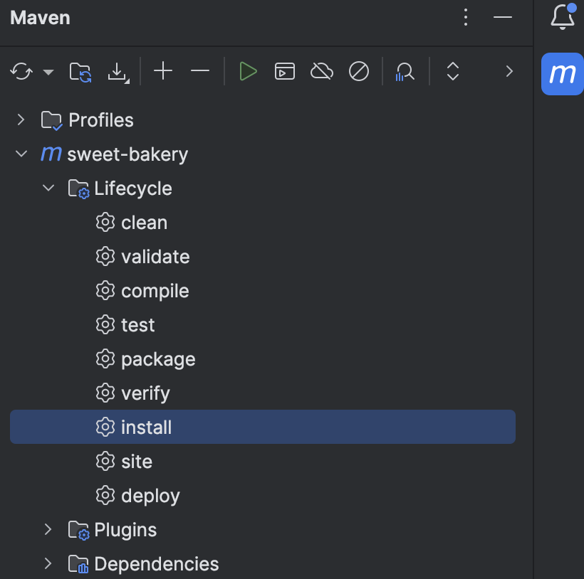 Khung Maven trong IntelliJ IDEA với mục install trong Lifecycle được chọn để build thử dự án
