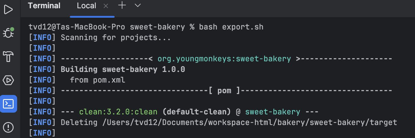 Chạy lệnh bash export.sh trên Terminal của IntelliJ IDEA để export mô đun sweet-bakery