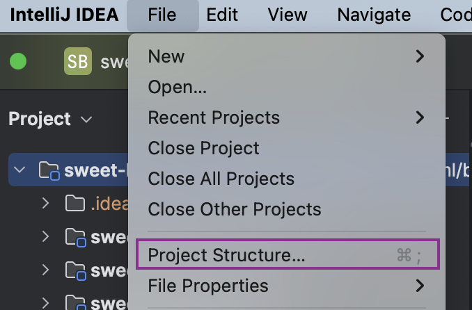 Chọn menu File > Project Structure trong IntelliJ IDEA để kiểm tra cấu hình JDK