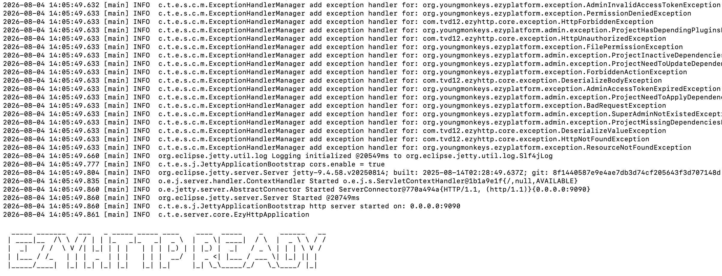 Log terminal hiển thị EzyPlatform admin đã khởi động thành công ở chế độ console