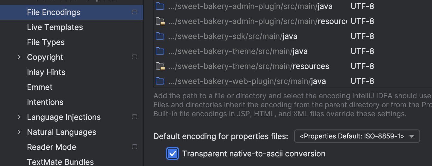 Màn hình File Encodings trong IntelliJ IDEA với tuỳ chọn Transparent native-to-ascii conversion được tích chọn