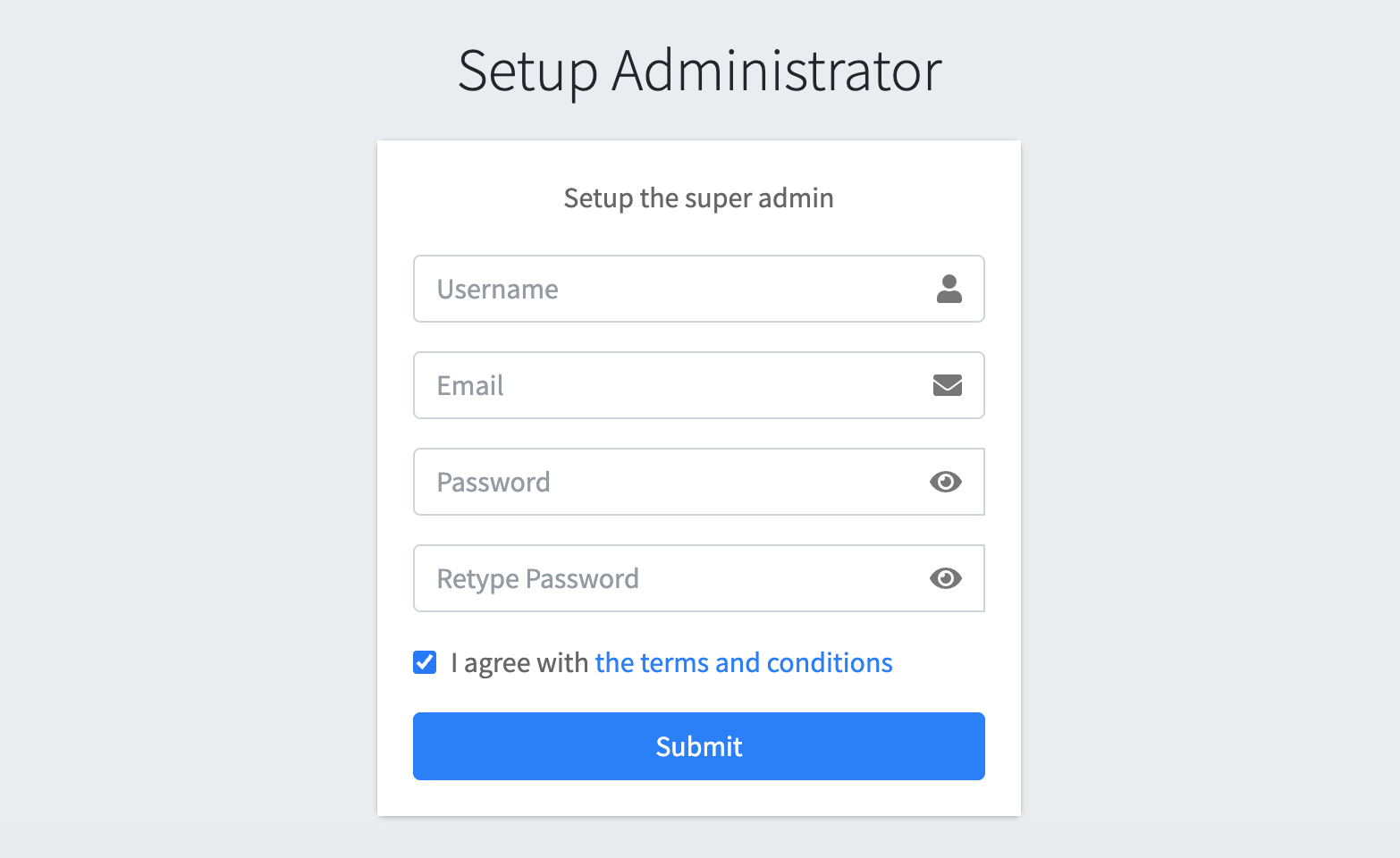 Giao diện thiết lập tài khoản super admin ban đầu tại http://localhost:9090/setup-admin