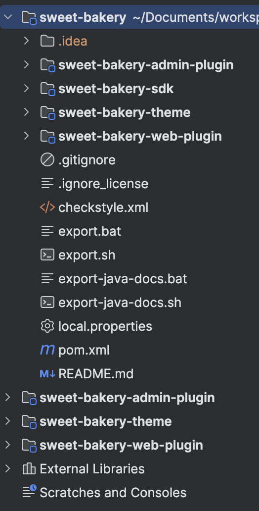 Project sweet-bakery sau khi import vào IntelliJ IDEA, hiển thị cấu trúc các mô đun ở khung Project