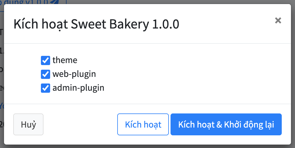 Hộp thoại Kích hoạt Sweet Bakery 1.0.0 với các tuỳ chọn theme, web-plugin, admin-plugin và nút Kích hoạt và Khởi động lại