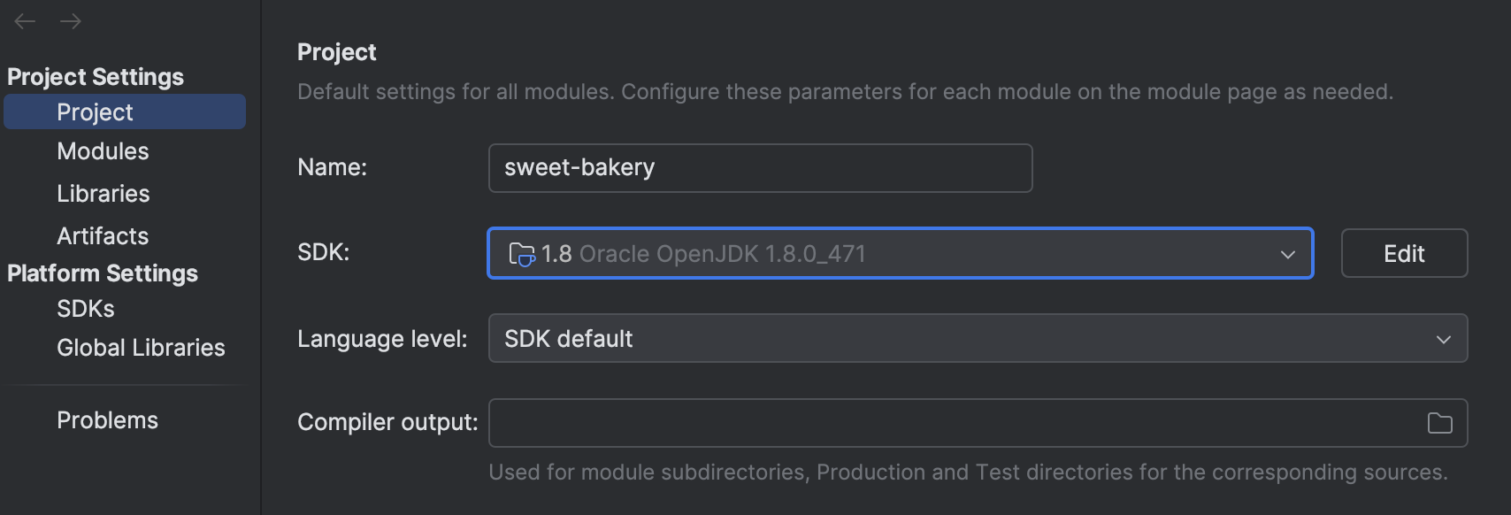 Màn hình Project Structure hiển thị SDK đang cấu hình là JDK 1.8