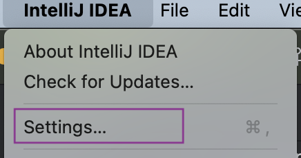 Menu Settings của IntelliJ IDEA