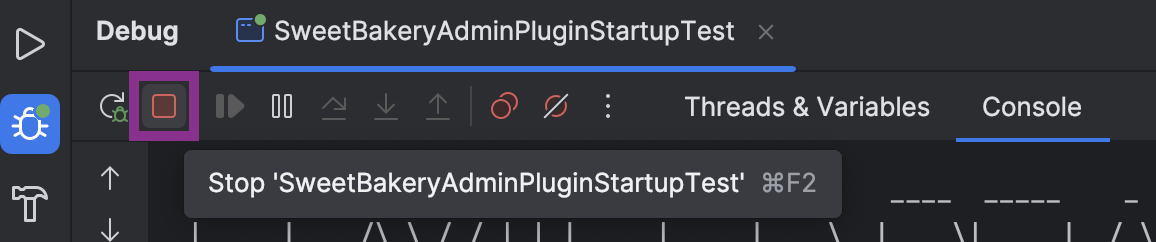 Nút Stop trong khung Debug của IntelliJ IDEA để tạm dừng EzyPlatform đang chạy qua StartupTest