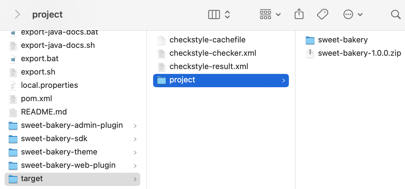 Thư mục target/project sau khi export, chứa thư mục sweet-bakery và tập tin sweet-bakery-1.0.0.zip