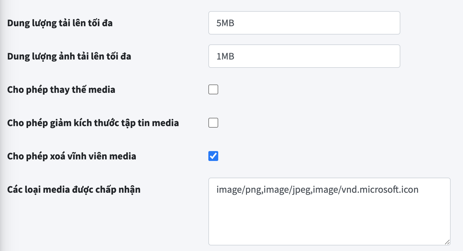Màn hình cấu hình tải lên tập tin cho Website trong Admin EzyPlatform: dung lượng tải lên tối đa 5MB, dung lượng ảnh tối đa 1MB, các tuỳ chọn cho phép thay thế/giảm kích thước/xoá vĩnh viễn media, và danh sách các loại media được chấp nhận