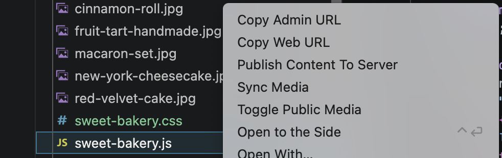 Chuột phải vào tập tin sweet-bakery.js trong VS Code, chọn Publish Content To Server từ menu ngữ cảnh