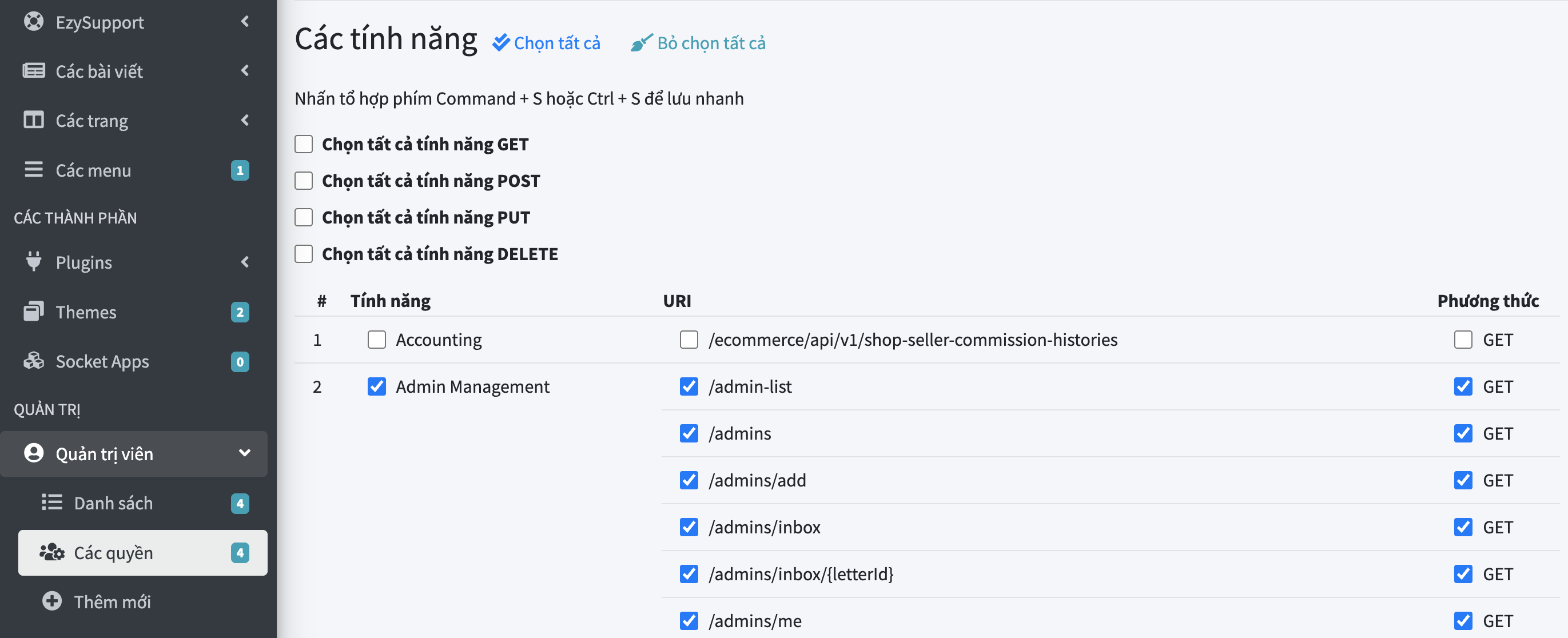Màn hình Quản trị viên > Các quyền trong Admin EzyPlatform, liệt kê từng tính năng kèm URI và phương thức GET/POST/PUT/DELETE có thể tick chọn riêng lẻ