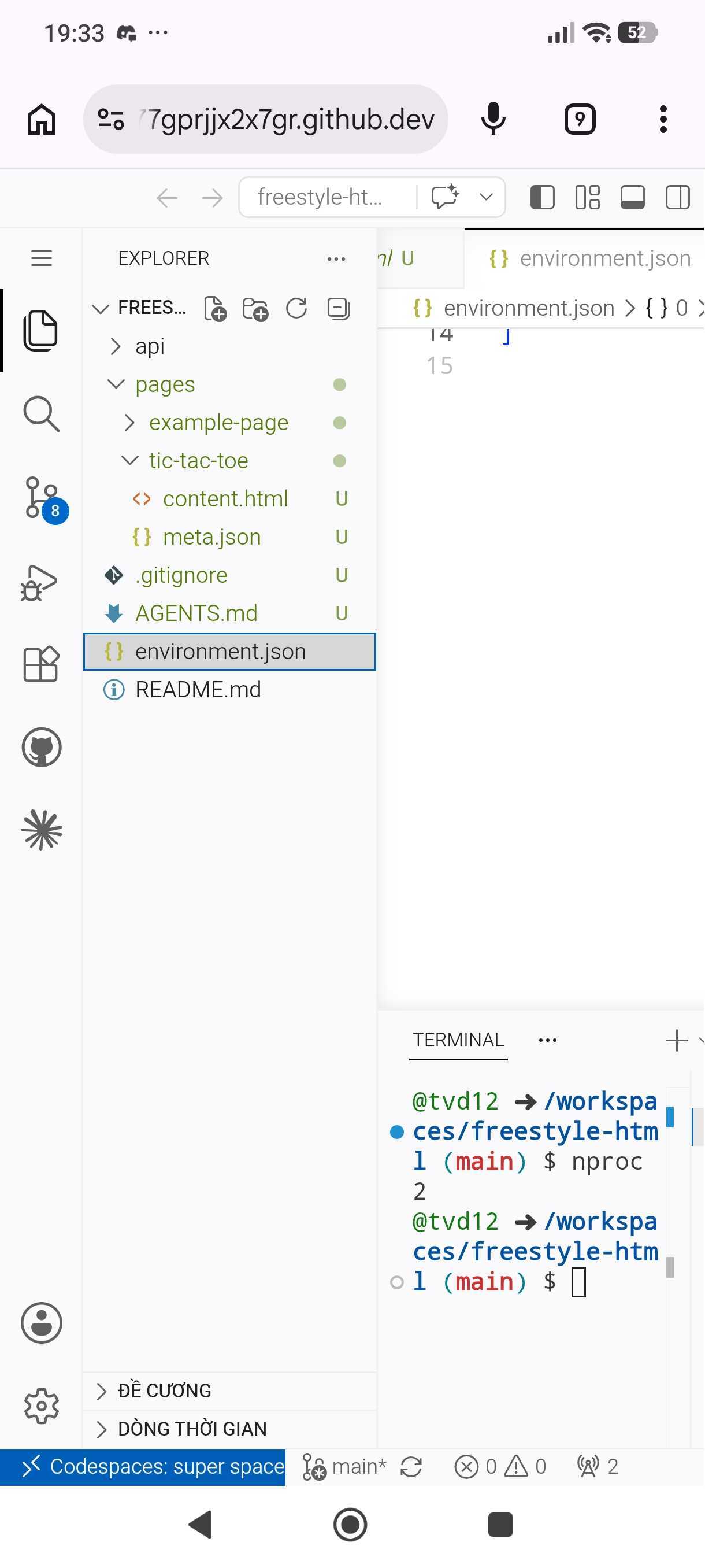 Tệp environment.json đang được mở trong VS Code for Web, terminal bên dưới vừa chạy lệnh nproc trả về kết quả 2 nhân CPU, sẵn sàng để nhập thông tin cấu hình
