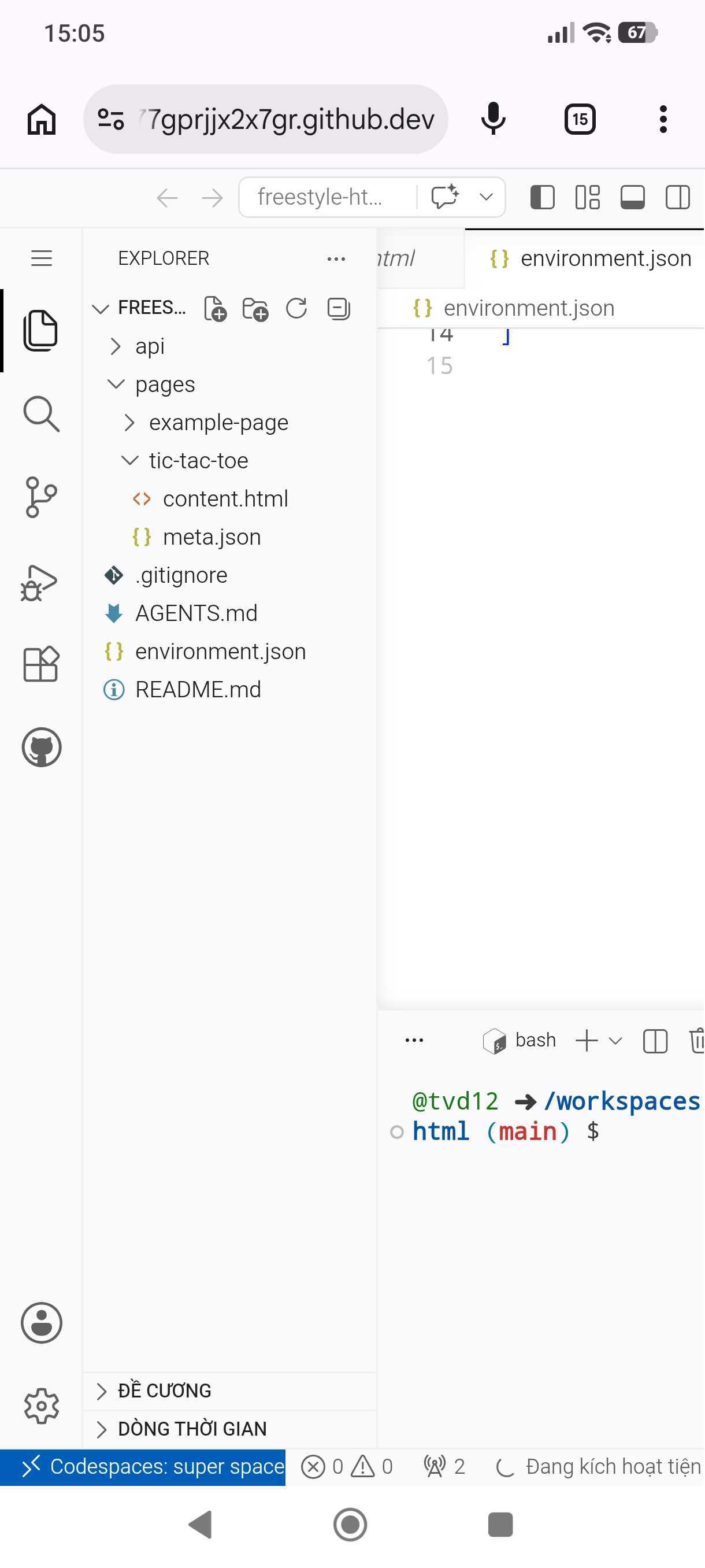 Explorer của VS Code for Web hiển thị cấu trúc dự án freestyle-html: thư mục api, pages với example-page và tic-tac-toe chứa content.html và meta.json, cùng các tệp .gitignore, AGENTS.md, environment.json, README.md