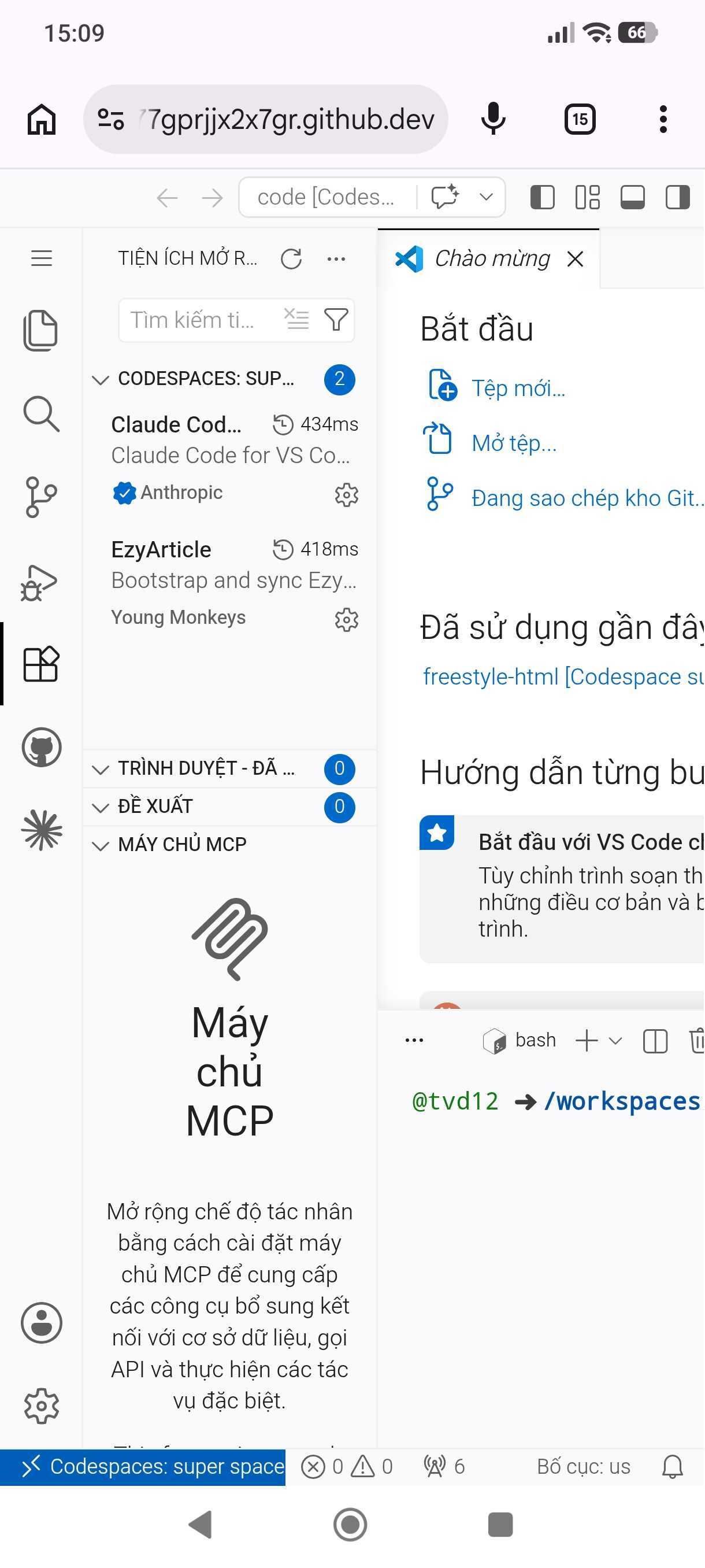 VS Code for Web trên điện thoại với panel Extensions đang mở, hiển thị Claude Code for VS Code của Anthropic và EzyArticle - Bootstrap and sync Ezy... của Young Monkeys đã được cài đặt, cùng terminal bash bên dưới