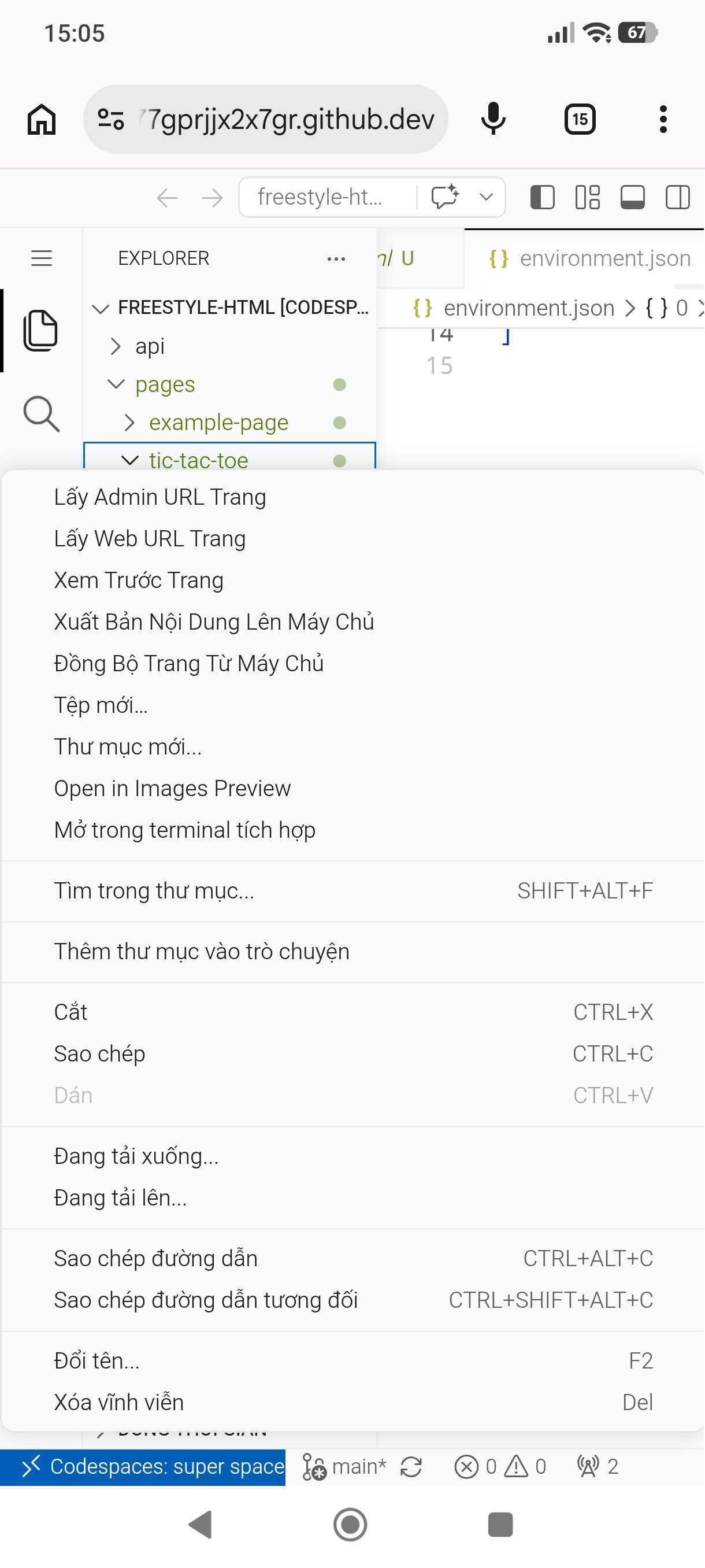Menu ngữ cảnh mở ra sau khi chạm giữ vào thư mục tic-tac-toe, hiển thị đầy đủ các lệnh EzyArticle: Lấy Admin URL Trang, Lấy Web URL Trang, Xem Trước Trang, Xuất Bản Nội Dung Lên Máy Chủ, Đồng Bộ Trang Từ Máy Chủ, cùng các lệnh chuẩn của VS Code bên dưới
