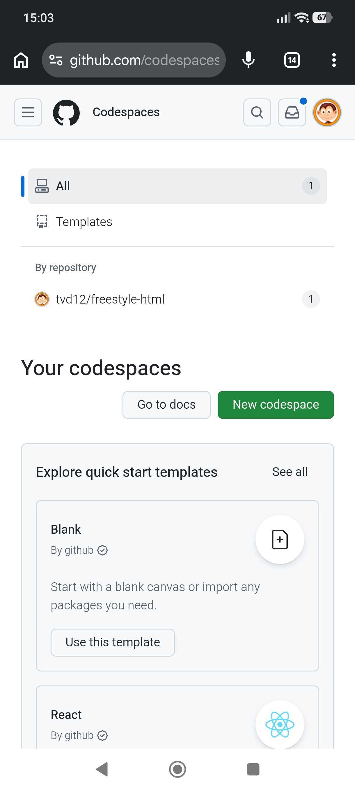 Trang Your codespaces trên GitHub với nút New codespace màu xanh lá, danh sách kho mã nguồn tvd12/freestyle-html có 1 codespace, và các mẫu khởi tạo nhanh (quick start templates) như Blank, React