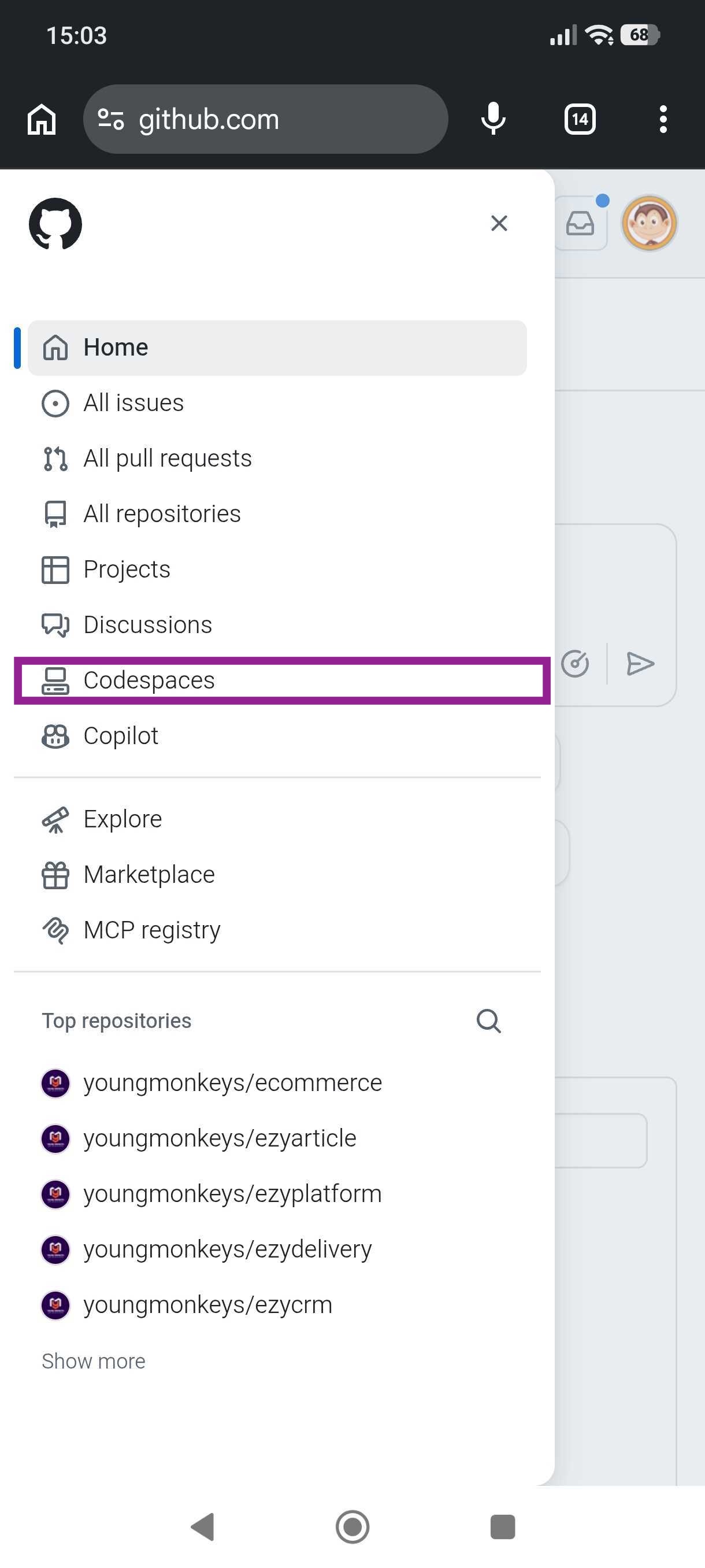 Giao diện GitHub trên trình duyệt điện thoại, menu điều hướng bên trái đang mở với mục Codespaces được khoanh đỏ nổi bật, nằm giữa Discussions và Copilot