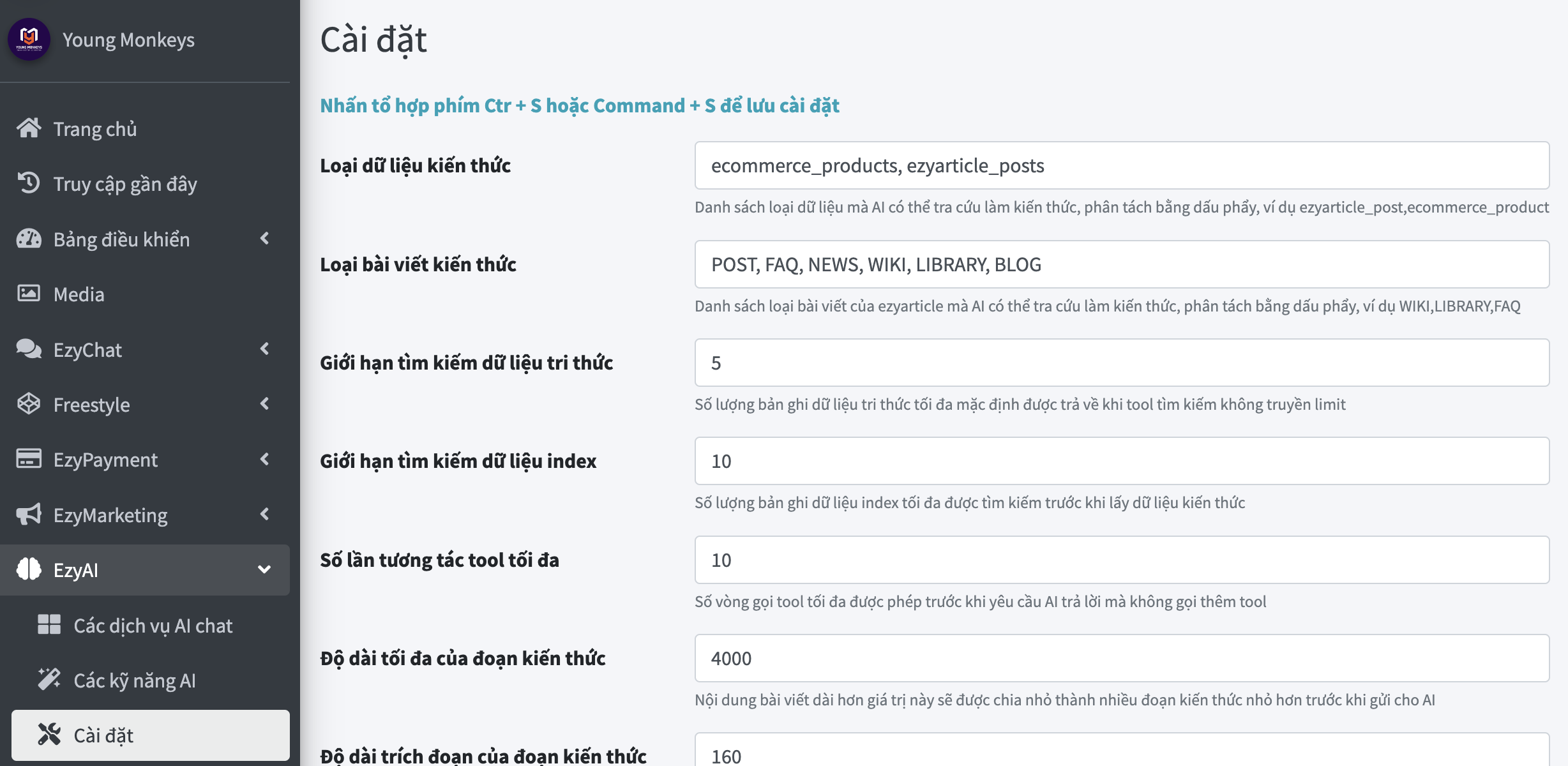 Trang Cài đặt của EzyAI với các trường Loại dữ liệu kiến thức (ecommerce_products, ezyarticle_posts), Loại bài viết kiến thức (POST, FAQ, NEWS, WIKI, LIBRARY, BLOG), Giới hạn tìm kiếm dữ liệu tri thức (5), Giới hạn tìm kiếm dữ liệu index (10), Số lần tương tác tool tối đa (10), Độ dài tối đa của đoạn kiến thức (4000)