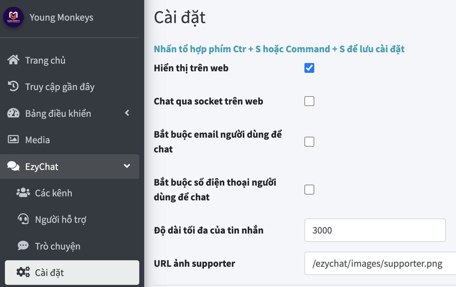 Trang Cài đặt của EzyChat với các mục Hiển thị trên web (đã tick), Chat qua socket trên web, Bắt buộc email người dùng để chat, Bắt buộc số điện thoại người dùng để chat, Độ dài tối đa của tin nhắn (3000), URL ảnh supporter