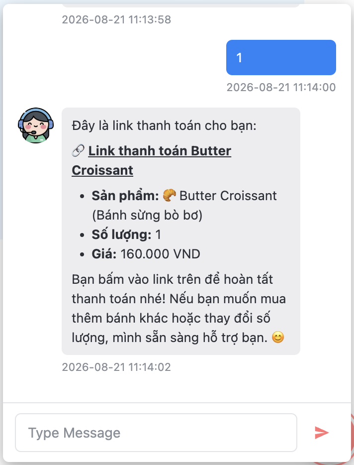 Khung chat trên website, khách gõ số 1, chat bot trả lời kèm link thanh toán Butter Croissant, ghi rõ sản phẩm Butter Croissant, số lượng 1, giá 160.000 VND, và lời mời hỗ trợ thêm nếu khách muốn đổi số lượng hoặc mua thêm bánh khác