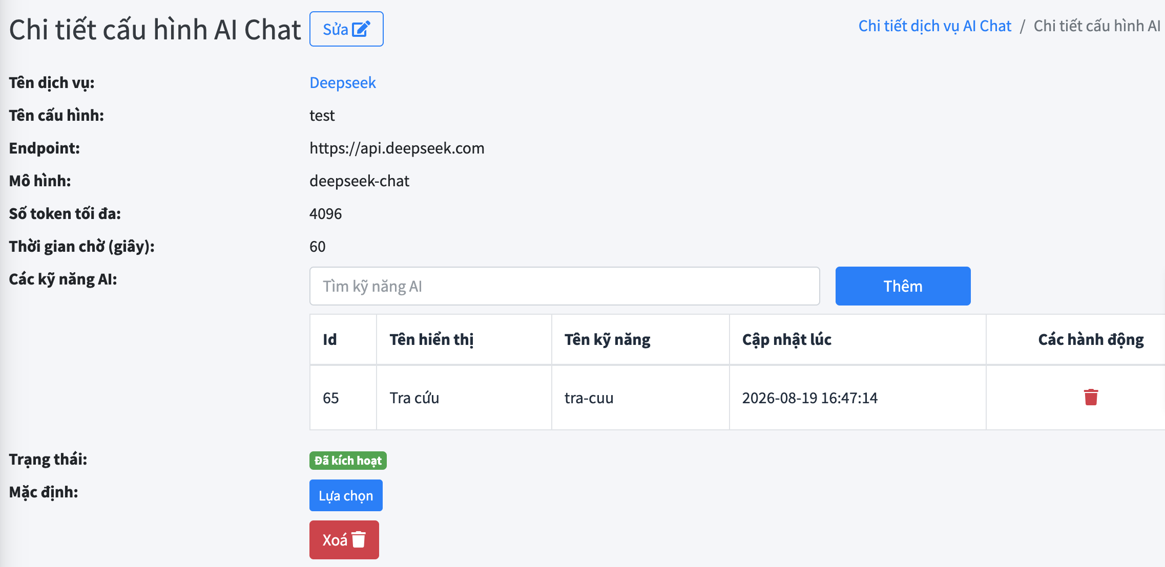Trang Chi tiết cấu hình AI Chat của Deepseek, ô Các kỹ năng AI có thanh tìm kiếm và nút Thêm, bảng bên dưới đã có kỹ năng Tra cứu (tra-cuu), trạng thái Đã kích hoạt, nút Lựa chọn ở mục Mặc định