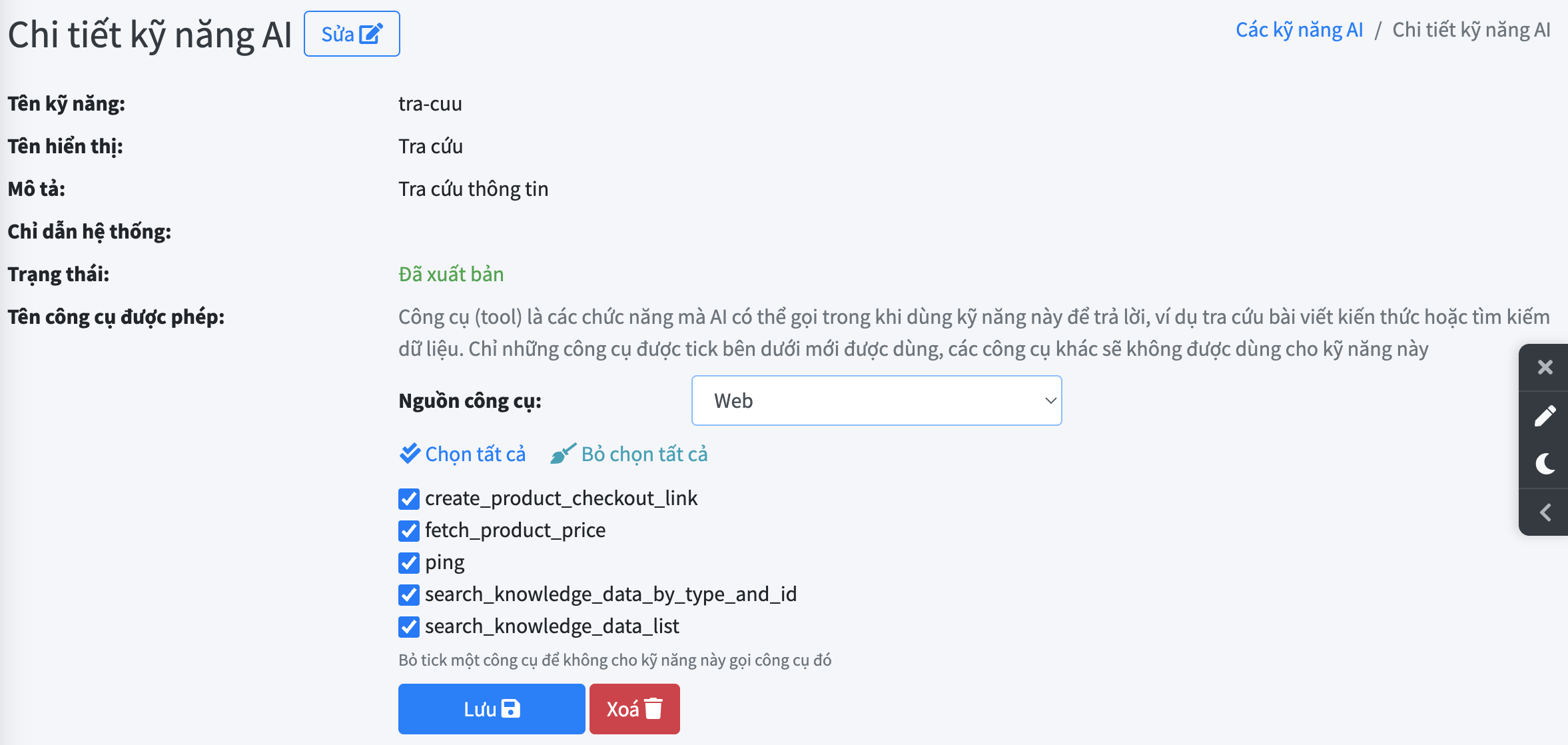 Trang Chi tiết kỹ năng AI, mục Tên công cụ được phép với dropdown Nguồn công cụ đang chọn Web, và 5 công cụ được tick: create_product_checkout_link, fetch_product_price, ping, search_knowledge_data_by_type_and_id, search_knowledge_data_list