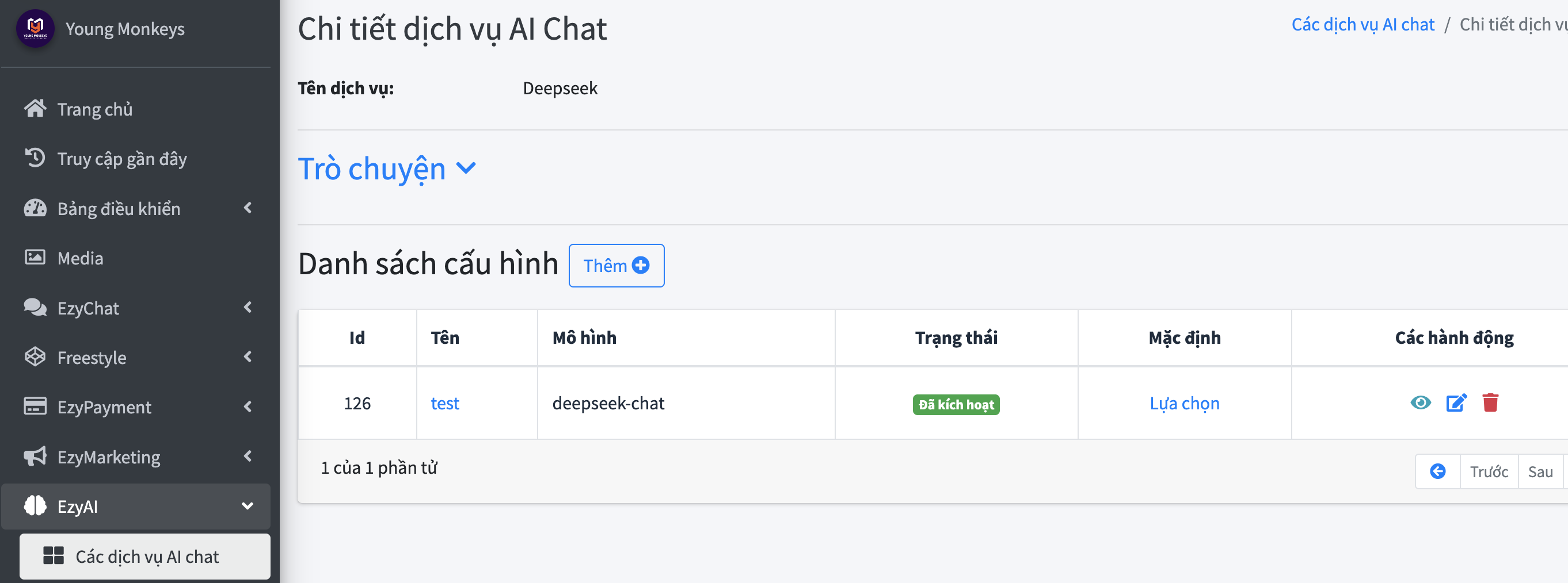 Trang Chi tiết dịch vụ AI Chat của Deepseek, hiển thị danh sách cấu hình gồm 1 dòng: Id 126, Tên test, Mô hình deepseek-chat, Trạng thái Đã kích hoạt, nút Thêm ở góc trên