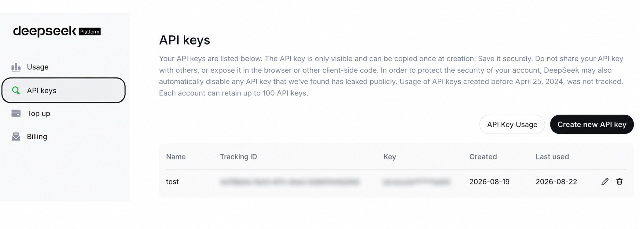 Trang API keys trên Deepseek Platform, có nút Create new API key và bảng danh sách các API key đã tạo gồm cột Name, Tracking ID, Key, Created, Last used