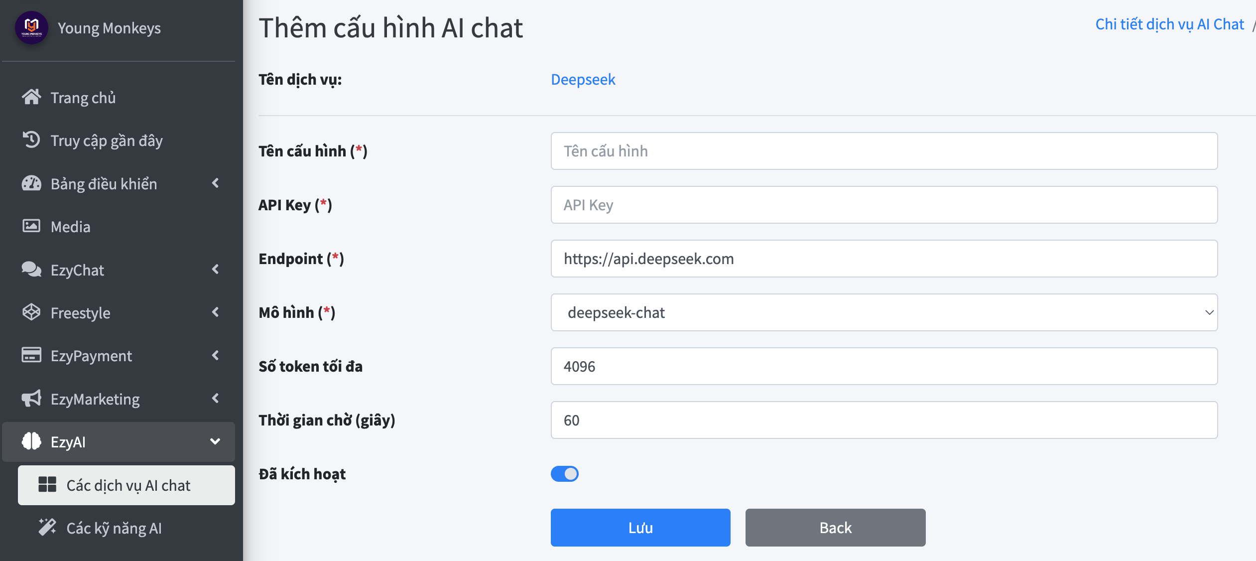Form Thêm cấu hình AI chat với các trường Tên dịch vụ (Deepseek), Tên cấu hình, API Key, Endpoint (https://api.deepseek.com), Mô hình (deepseek-chat), Số token tối đa (4096), Thời gian chờ giây (60), công tắc Đã kích hoạt đang bật, nút Lưu