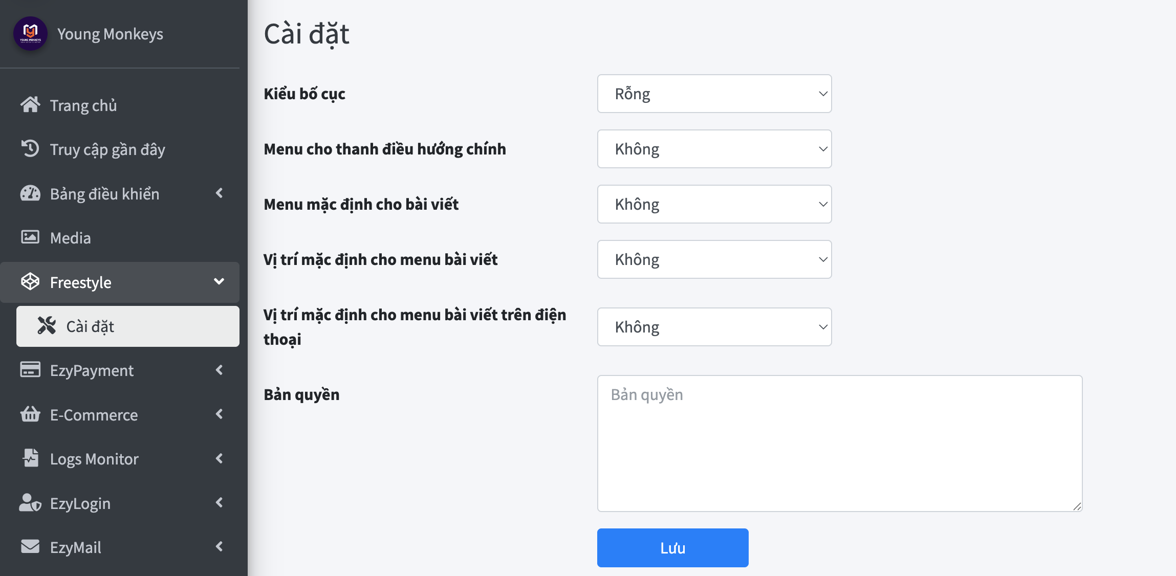 Trang cài đặt Freestyle với Kiểu bố cục là Rỗng và các menu mặc định đều để Không
