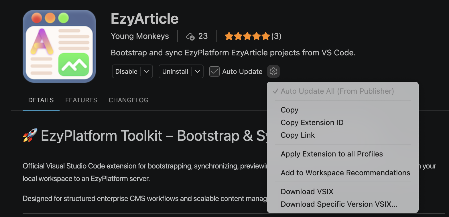 Cấp quyền cho extension EzyArticle trong VS Code