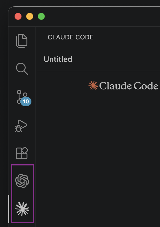 Icon Claude Code và Codex nằm ở thanh công cụ bên trái VS Code