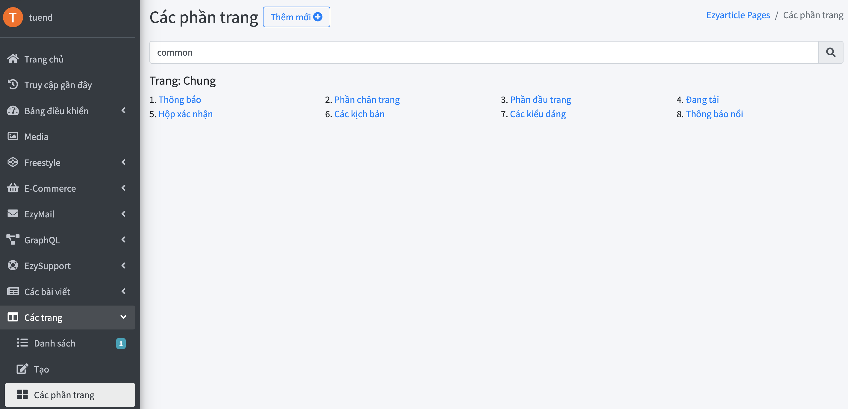 Tìm kiếm các phần trang dùng chung với từ khoá common trong ezyarticle/pages/fragments